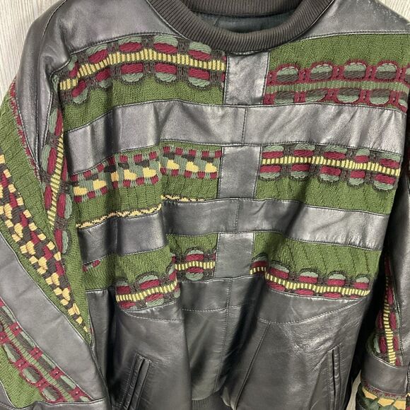 Vintage Ledge New York Milano Leather Knit Pullover Bomber Jacket Size XXL Green - Picture 4 of 12